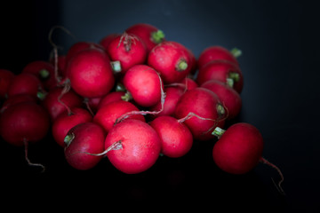 European spring fresh radish. Black background.