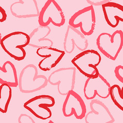 Seamless pattern with red and bright pink hearts on pink background. Vector design for textile, backgrounds, clothes, wrapping paper, web sites and wallpaper. Fashion illustration seamless pattern.