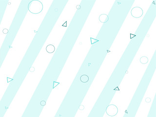Background striped with geometric shapes and design objects. Wide diagonal lines, triangles and circles of different sizes.
White, blue and turquoise color. Vector flat design illustration.
