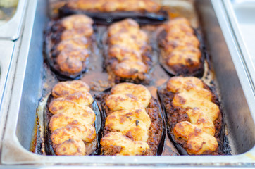 moussaka with eggplant and bechamel close up selective focus