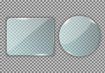 Glass, mirror in the form of a circle and a rectangle with rounded corners. Clear reflection, twinkling glare. Window glass insert with backlight. Realistic glass screen.Vector
