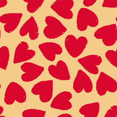 Seamless pattern with bright red hearts on beige background. Vector design for textile, backgrounds, clothes, wrapping paper, web sites and wallpaper. Fashion illustration seamless pattern.