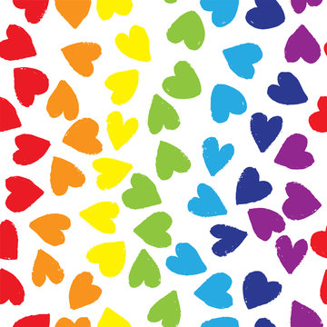 Seamless pattern with hearts in rainbow colors on white background. Vector design for textile, backgrounds, clothes, wrapping paper, web sites and wallpaper. Fashion illustration seamless pattern.