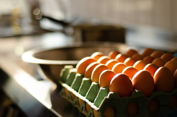 Eggs on professional stainless steel Kitchen table