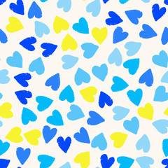 Fototapeta na wymiar Seamless pattern with blue and yellow hearts on white background. Vector design for textile, backgrounds, clothes, wrapping paper, web sites and wallpaper. Fashion illustration seamless pattern.