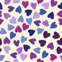 Seamless pattern with violet and blue hearts on pale beige background. Vector design for textile, backgrounds, clothes, wrapping paper, web sites and wallpaper. Fashion illustration seamless pattern.