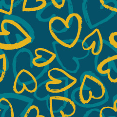 Seamless pattern with yellow and blue hearts on dark blue background. Vector design for textile, backgrounds, clothes, wrapping paper, web sites and wallpaper. Fashion illustration seamless pattern.