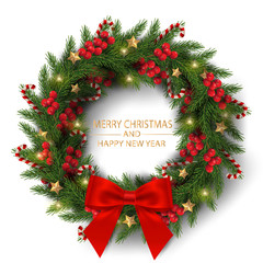 Merry Christmas and Happy New Year. Illustration of Christmas wreath made by tree branches with bow, berries, candy canes and decoration isolate.