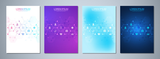 Set of template brochures or cover book, page layout, flyer design. Concept and idea for health care business, innovation medicine, pharmacy, technology. Medical background with flat icons and symbols