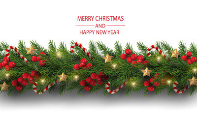 Merry Christmas and Happy New Year. Illustration of Christmas tree branches with berries, candy canes and decoration isolate.