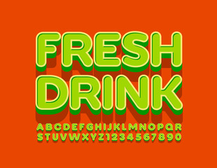 Vector bright emblem Fresh Drink. 3D Green Font. Modern Alphabet Letters and Numbers