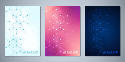 Template brochure or cover book, page layout, flyer design with molecular structures background and chemical engineering. Concept and idea for innovation technology and science.