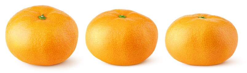 Set of tangerine or clementine citrus fruit isolated on white background. Full orange tangerines with clipping path. Full depth of field.