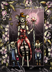 Dark Mouse Queen with large ears and many eyes, with little crown and collar on neck, in a beautiful dress with straps, holds a magic staff in a hand, two small mice stand nearby musketeer and serf.