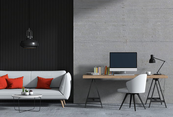 3D render of interior modern living room workspace with sofa, desk, desktop computer