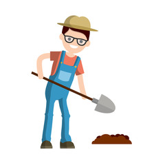 Man farmer with shovel dig ground bed. Countryside worker in jumpsuit. Kind of profession. Spring planting. Organic food. The boy in the village. Cartoon flat illustration