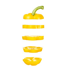 Pieces of chopped yellow sweet pepper flying in space on a white background isolate.