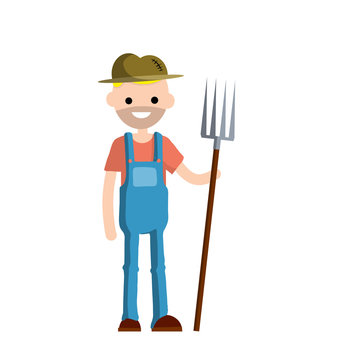 Man farmer in overalls with fork in hands. Rural type of work. Production of natural food in the village. Guy in hat with tools. Cartoon flat illustration