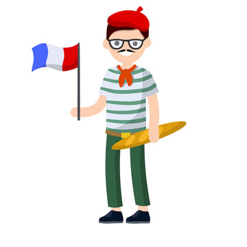 Young French guy in striped t-shirt with a red tie. man with the flag of France and bread. national costume. European tourism - Cartoon flat illustration