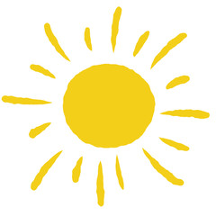 Hand-drawn sun. Element of summer and nature. Yellow warm object. Heat and hot. Cartoon illustration. Children's drawing