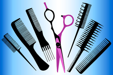 Scissors and comb for hair. Set.  Looped bristle brush, paddle brush, rattail comb. Vector illustration.