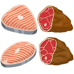 Piece of red salmon fish meat with pink stripe. Food for Cooking sushi. Set of Raw Seafood. Cut off part. Slices with grey skin. Kitchen and meal element. Cartoon illustration. Steak and barbecue