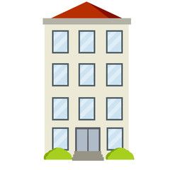 White house with red roof. High building the urban landscape. Windows, door and green bushes. Cartoon flat illustration. Office and hotel