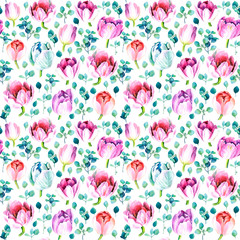 Seamless pattern with watercolor colorful tulips and eucalyptus. Perfect for greetings, invitations, manufacture wrapping paper, textile, wedding and web design. Raster illustration.