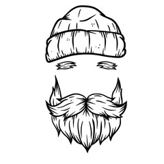 Fashionable men haircut. Element of head and face hipster. Hair and beard of guy. barbershop Fashion and style. Warm hat of sailor and lumberjack. Hand drawn color illustration - obrazy, fototapety, plakaty