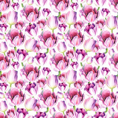 Seamless pattern with watercolor pink tulips. Perfect for greetings, invitations, manufacture wrapping paper, textile, wedding and web design. Raster illustration.