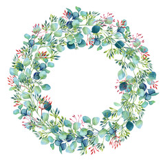 Fototapeta premium Round frame with watercolor wreath of eucalyptus branches. Place for your text. Hand painted spring wreath. Raster illustration. Perfect for greetings, invitations, announcement, web design.