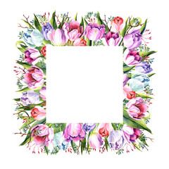 Square frame with watercolor wreath of tulips. Place for your text. Perfect for greetings, invitations, announcement, web and wedding design. Raster.