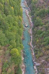 Fototapeta na wymiar Tara river from Djurdjevica Tara Bridge in Montenegro. Close up, top view.Landscape, travel concept