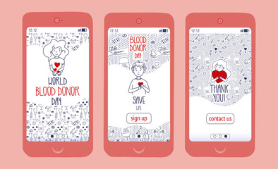 App templates set for World Blood Donor Day. Doodle donation and volunteer landing page. Concept illustration. Vector.