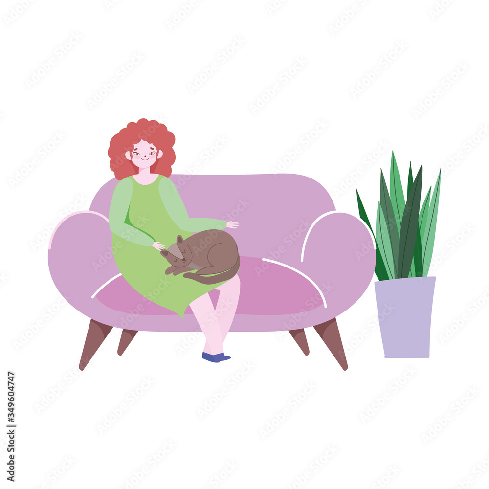 Sticker young woman sitting on sofa with cat in the living room