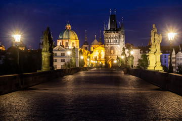 Fototapeta na wymiar View from the Charles bridge to the Old Town (Stare mesto) in the evening, Czechia