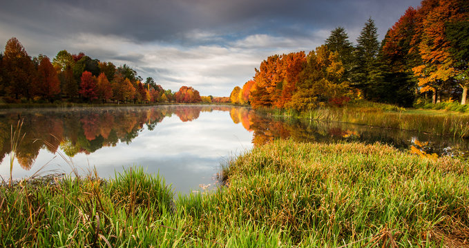 Autumn landscape scene Himeville, South Africa. Autumn trees and lake, Kenmo