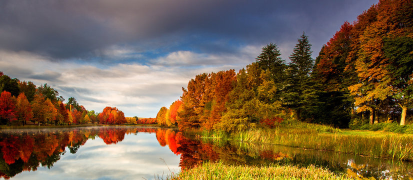 Autumn landscape scene Himeville, South Africa. Autumn trees and lake, Kenmo