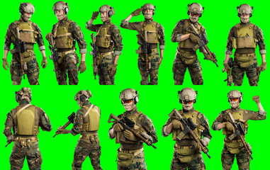 US marine corps soldier with rifle. Shot in studio. Isolated with clipping path on green chroma key background