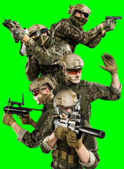 Male in uniform of Tactical Units of Police with submachine gun P90. Shot in studio. Isolated with clipping path on green chroma key background