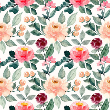 watercolor seamless pattern with pink flower and green leaves