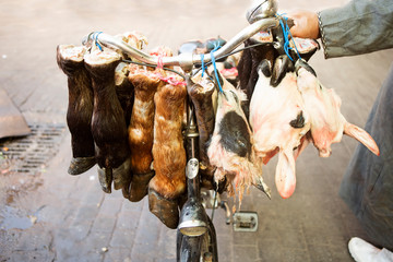 Pieces of cow meat hang on the bicycle, Morocco 