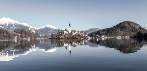 Fototapeta na wymiar Lake Bled and St. Marys Church of the Assumption on the small island