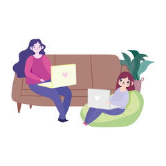working remotely, young women using laptop on sofa and chair