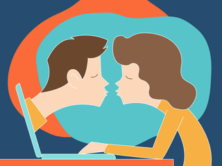 Online Dating, long-distance love, a kiss. Video chat vector concept