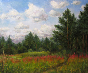 Forest in summer, sunny day, oil painting