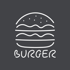 Burger icon. White on gray vector sign. Illustration symbol for fast food, hamburger, snack, label, product design, menu