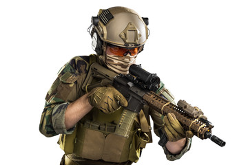 Fototapeta premium US marine corps soldier with rifle. Shot in studio. isolated with clipping on white background.