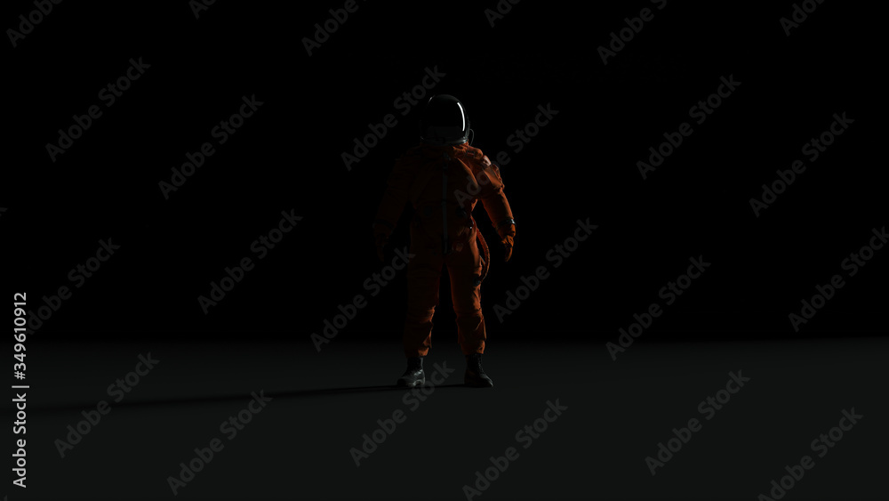 Wall mural astronaut with black visor and orange spacesuit back light with dark grey background with back side 