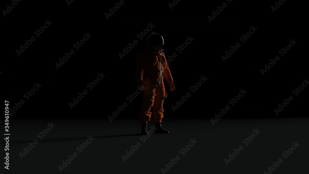 Wall mural astronaut with black visor and orange spacesuit back light with dark grey background with back side 